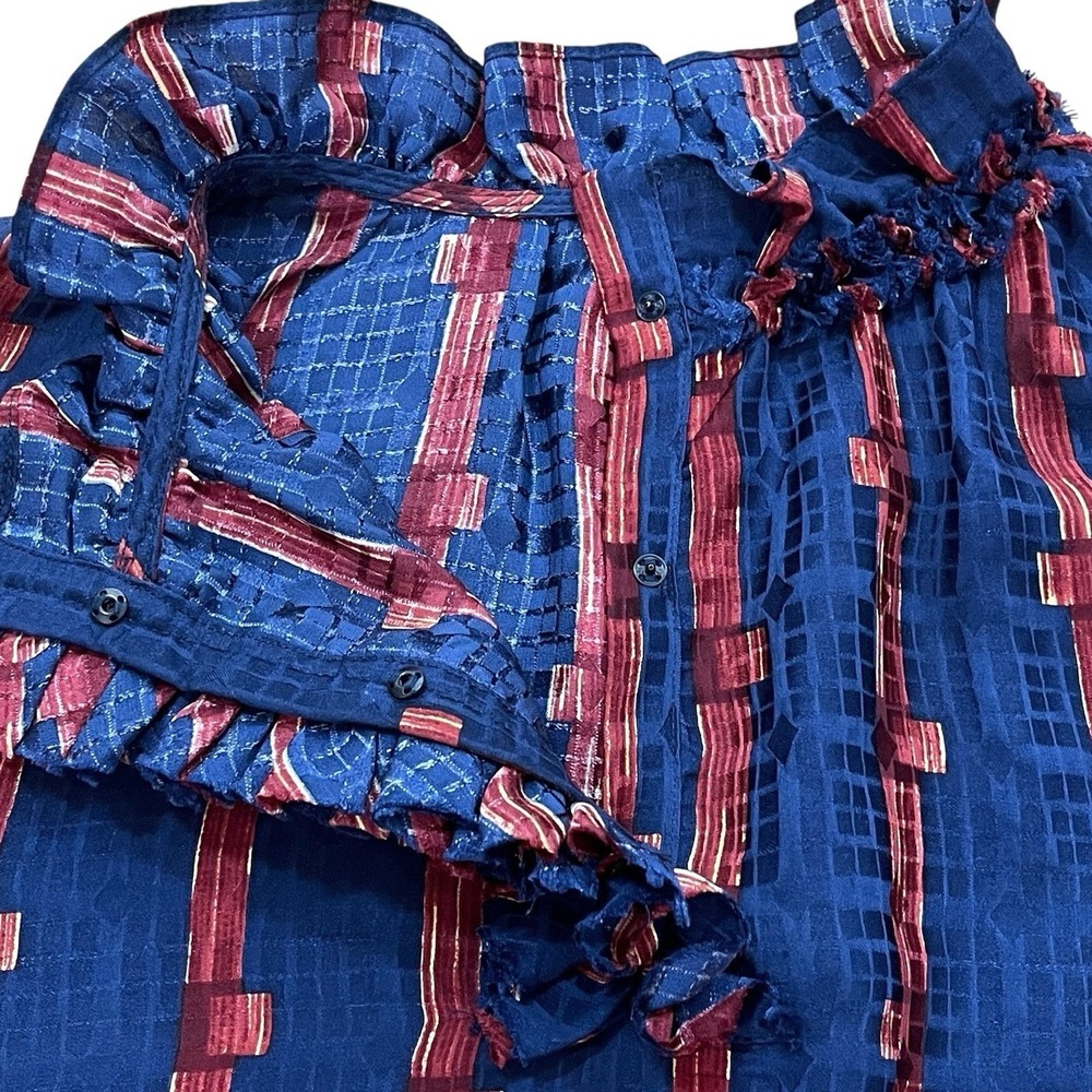 Warm by Tracy Feith 100% Silk Luxury Blouse Womens S Navy Blue Ruffle Top - Picture 6 of 9